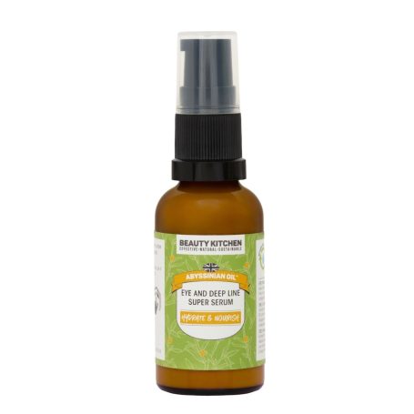 Ciblez et traitez avec notre Super Sérum pour les Yeux et les Rides Profondes Flacon en verre de spray hydratant pour le visage, étiqueté avec des informations produitCiblez et traitez avec notre Super Sérum pour les