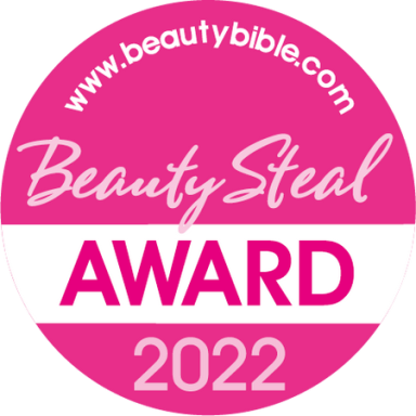 Logo de l'Award Beauty Steal 2022, avec texte rose et blanc sur fond rose.
