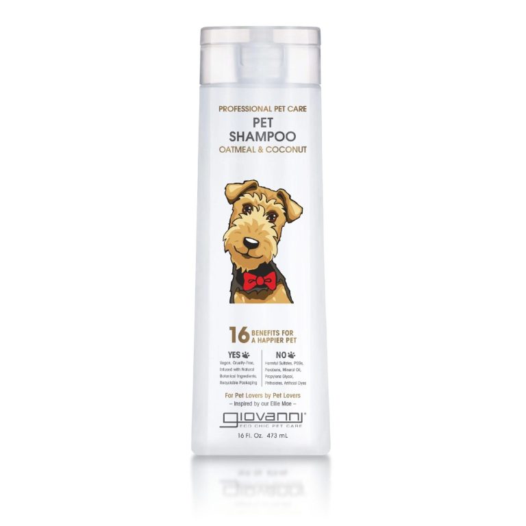 Shampoing pour animaux, bouteille bio avec un chien en illustration.
