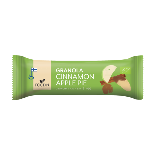Barre de granola au goût de tarte aux pommes et à la cannelle, emballage vert.