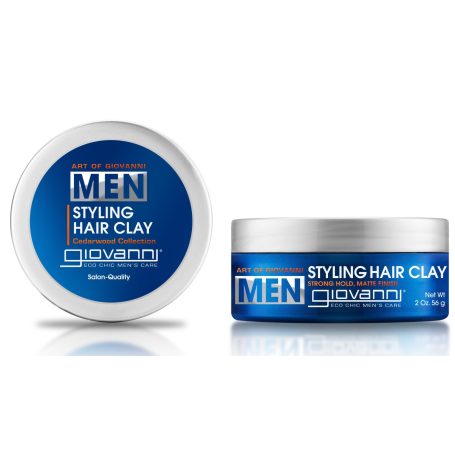 Pots de pâte coiffante pour hommes, avec des étiquettes bleu et argent.