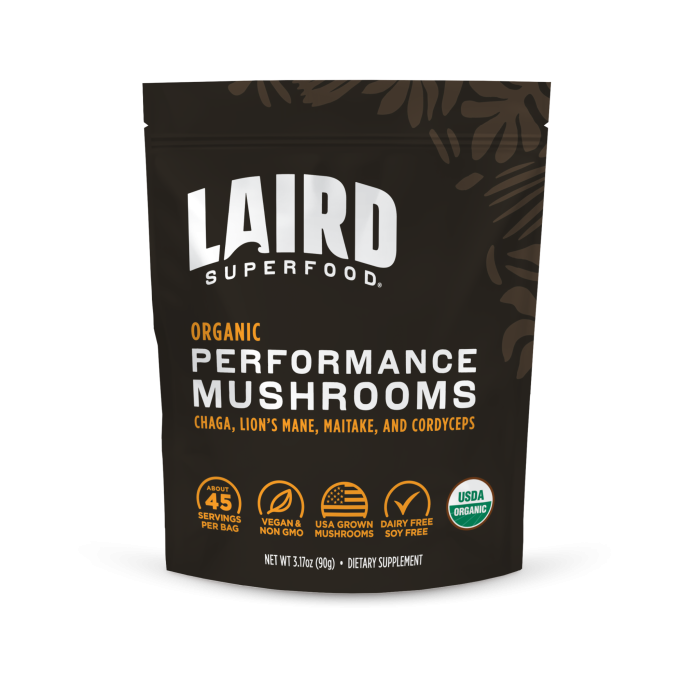 Sac de champignons bio Laird Superfood pour la performance, étiqueté et certifié.