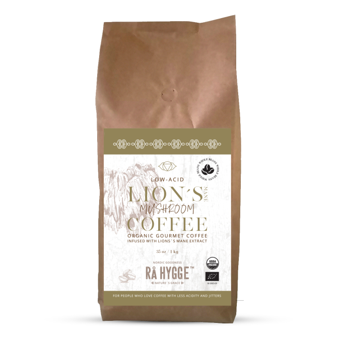 Sachet de café « Lion’s Mane », bio, avec un design naturel et élégant.