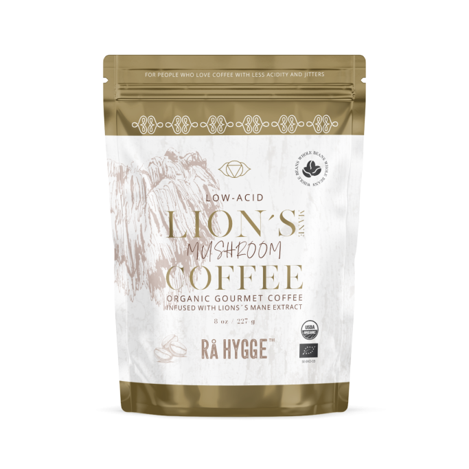 Paquet de café bio Lion's Mane avec design élégant et inscription détaillée.