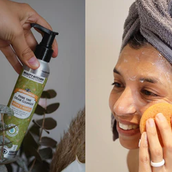Élimine en douceur les impuretés sans perturber l'équilibre sébum Enrichi en beurre de karité et en huile d'amande douce pour une peau douce et soyeuse. Produit de soin visage à gauche, femme souriante appliquant un nettoyant à droite.