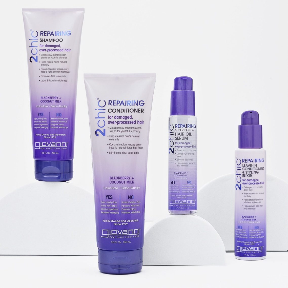 Collection Repair Blackberry & Coconut Produits de soin capillaire, incluant shampooing, après-shampooing et sérum, en flacons violets.